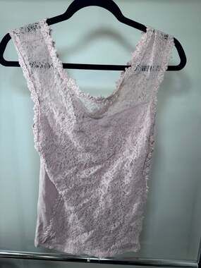 Express Women's Pink Sleeveless Lace Overlay V-Back Tank Top